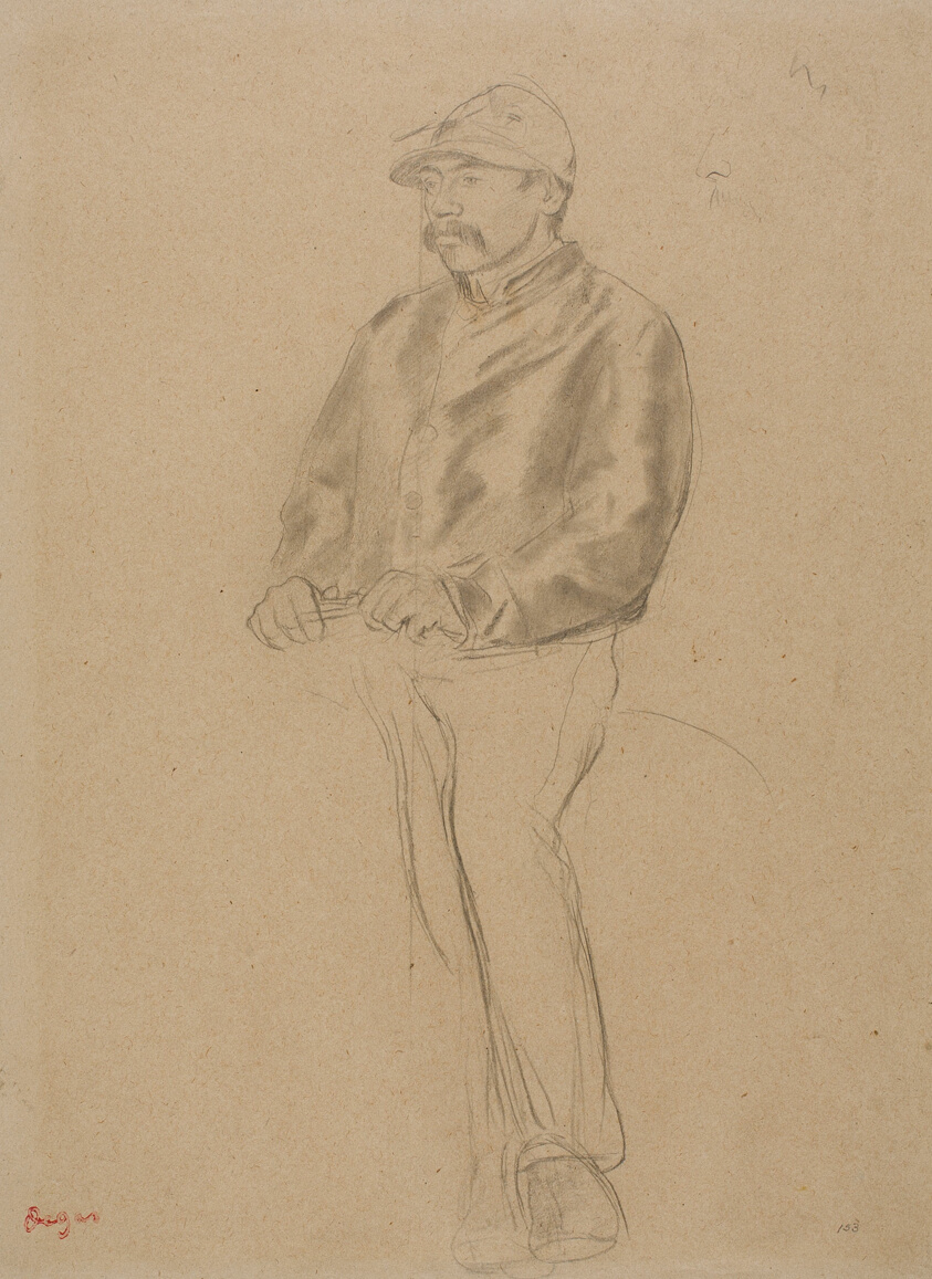 Full-body sketch of a mustached man wearing a jockey's cap. His hands grasp an unseen horse's reins, and his legs are only lightly rendered.