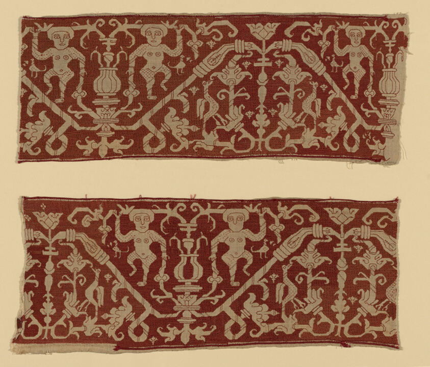 A work made of linen, plain weave; pulled thread work embroidered with silk back, running and two-sided italian cross stitches; edged with darning stitch.