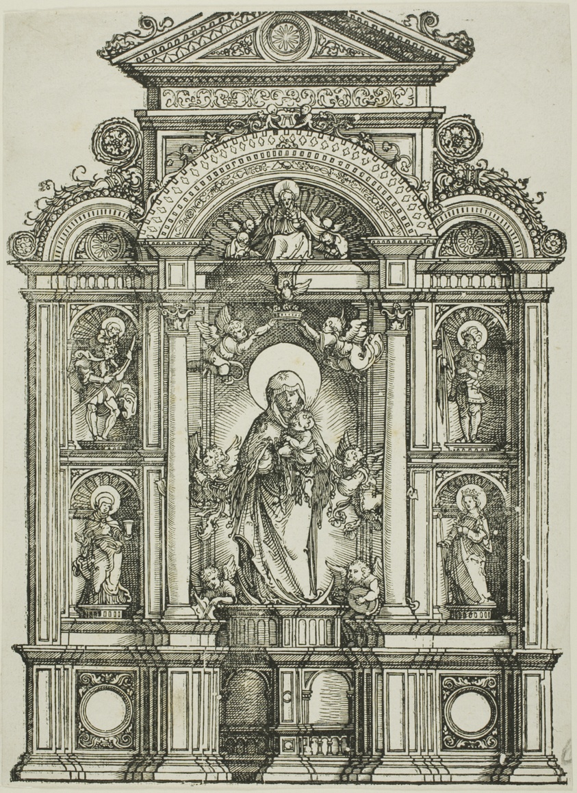 Print in black ink of an altarpiece with five panels framed by decorative columns. A large central panel of the Virgin Mary and Christ Child with cherubs is flanked by two stacked vertical panels of human figures on either side. Three arches top the structure.