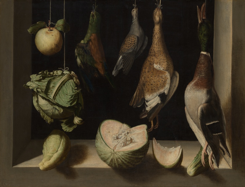 Still life painting of dead waterfowl and vegetables in windowsill.