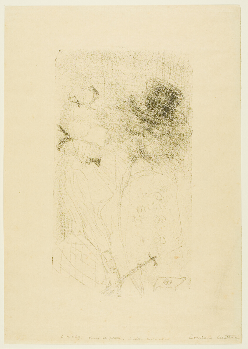Black print on cream paper with lightly sketched figures. At left is a corseted woman in profile, and at right, a man in coat and top hat. They stand close together, face to face.