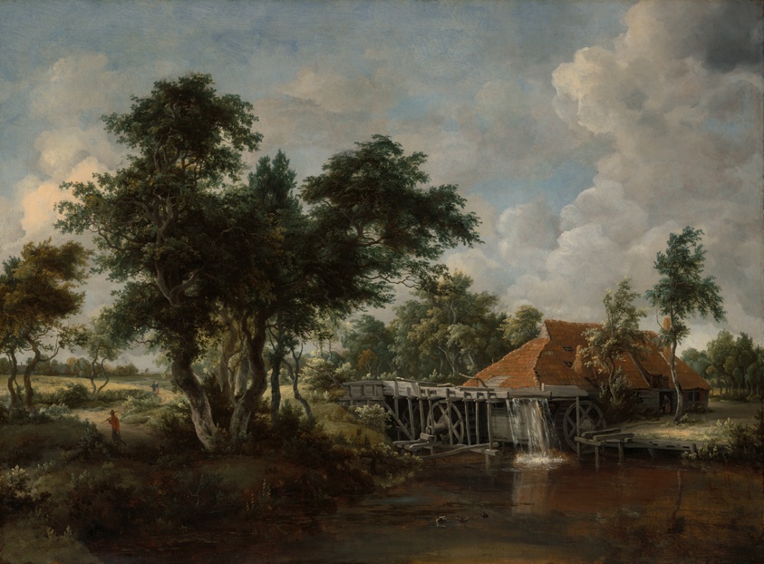 Landscape painting featuring a wavy tree tree in the foreground and a watermill with a red roof adjacent to a river at right. Colors are subdued earth tones, the foliage a dark green and the river a muddy brown. Water flows through the mill wheel under a cloudy sky of gray and blue. Three individuals can be seen in the distance at left.