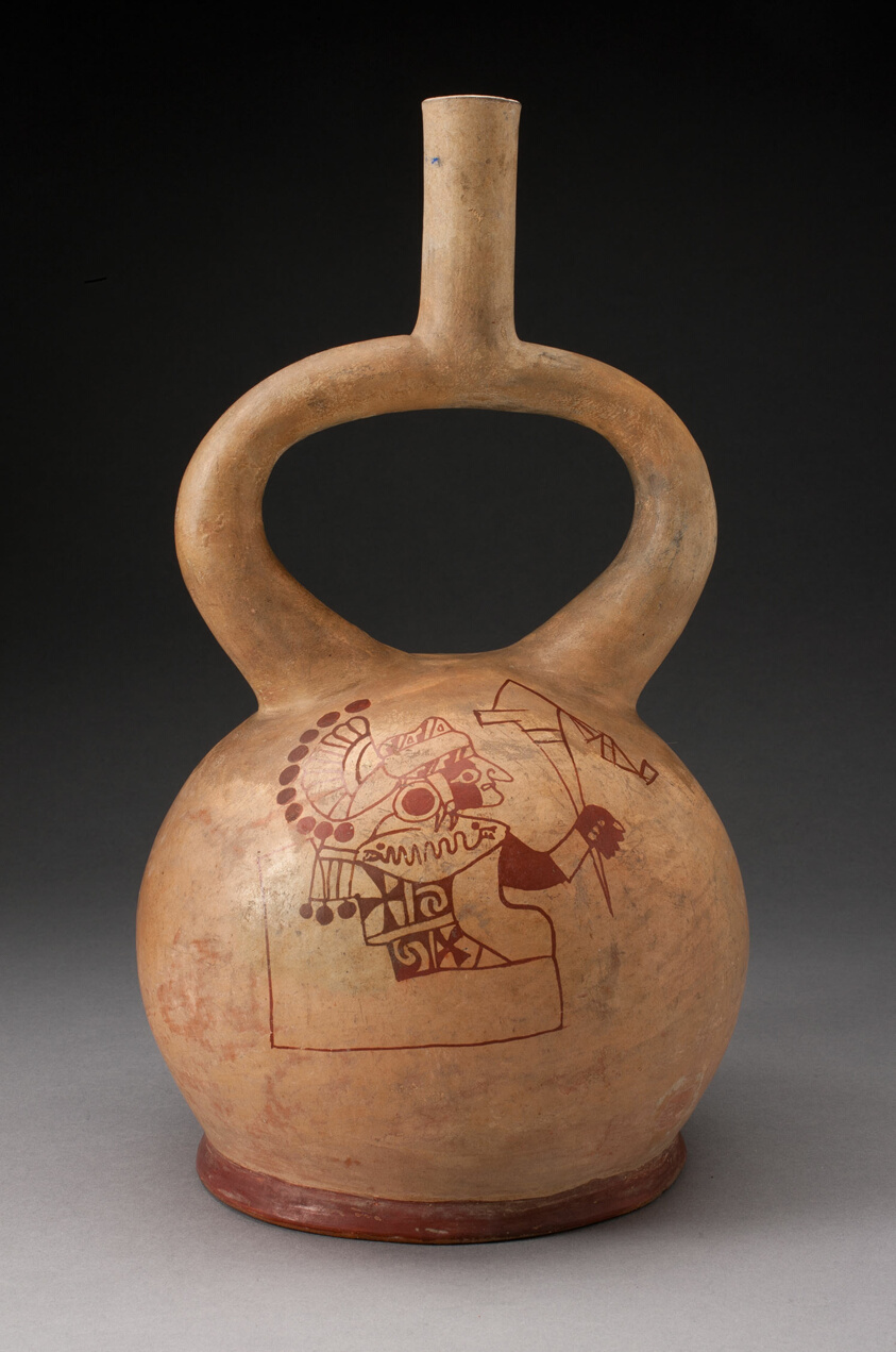 A light-brown, kettlebell-shaped vessel with a top spout features a red line drawing of a seated warrior facing right, wearing a stylized patterned dress and holding a weapon.