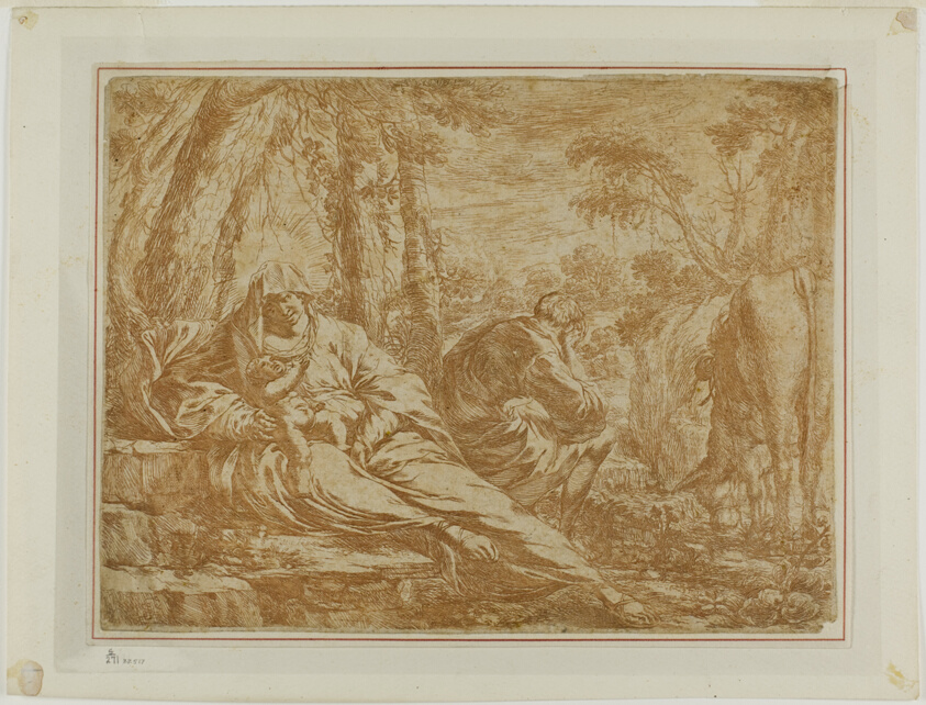 A work made of etching printed in reddish brown on paper.