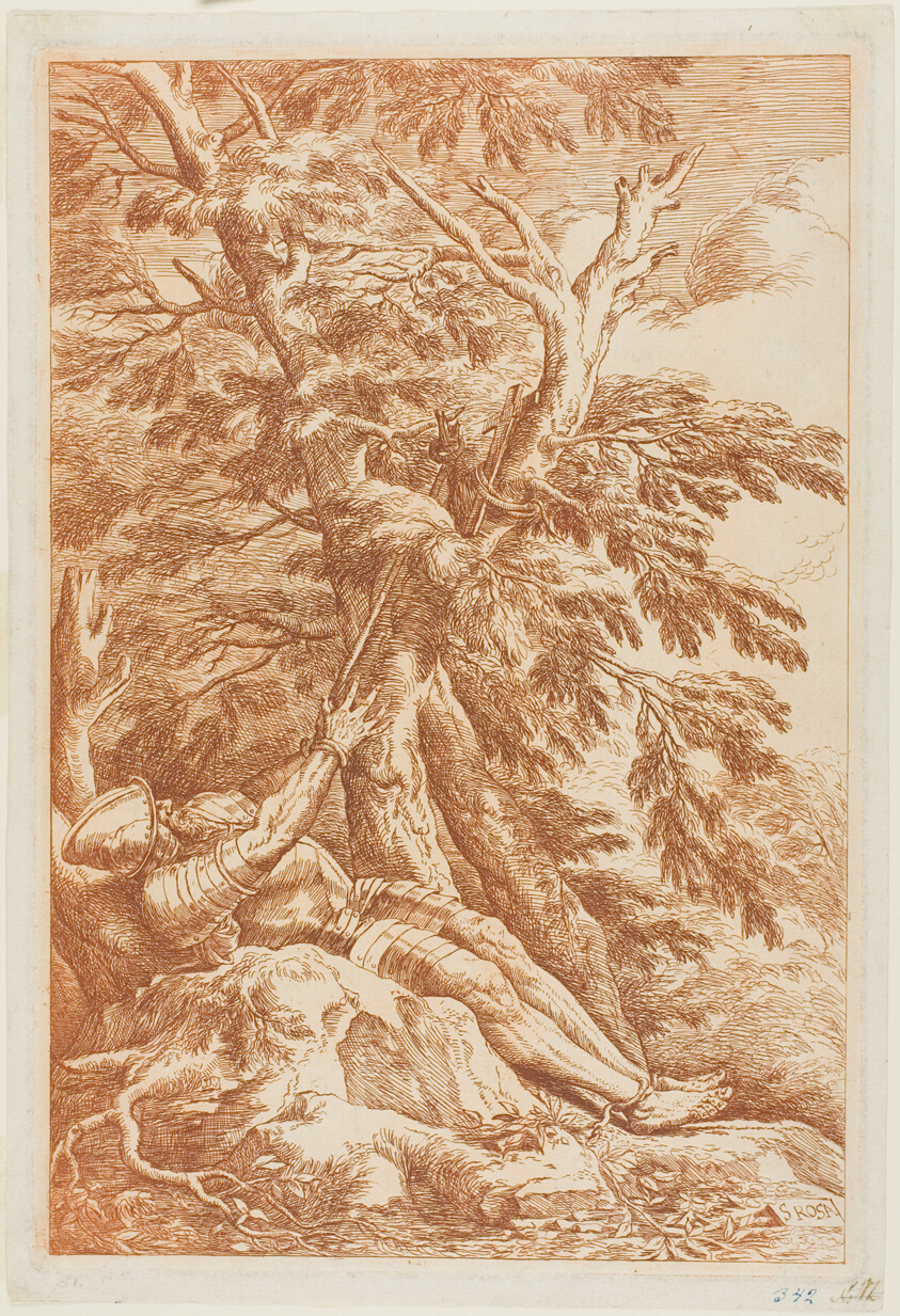 Etching printed in reddish brown ink of man in armor, his wrists and ankles bound with rope to a tree.