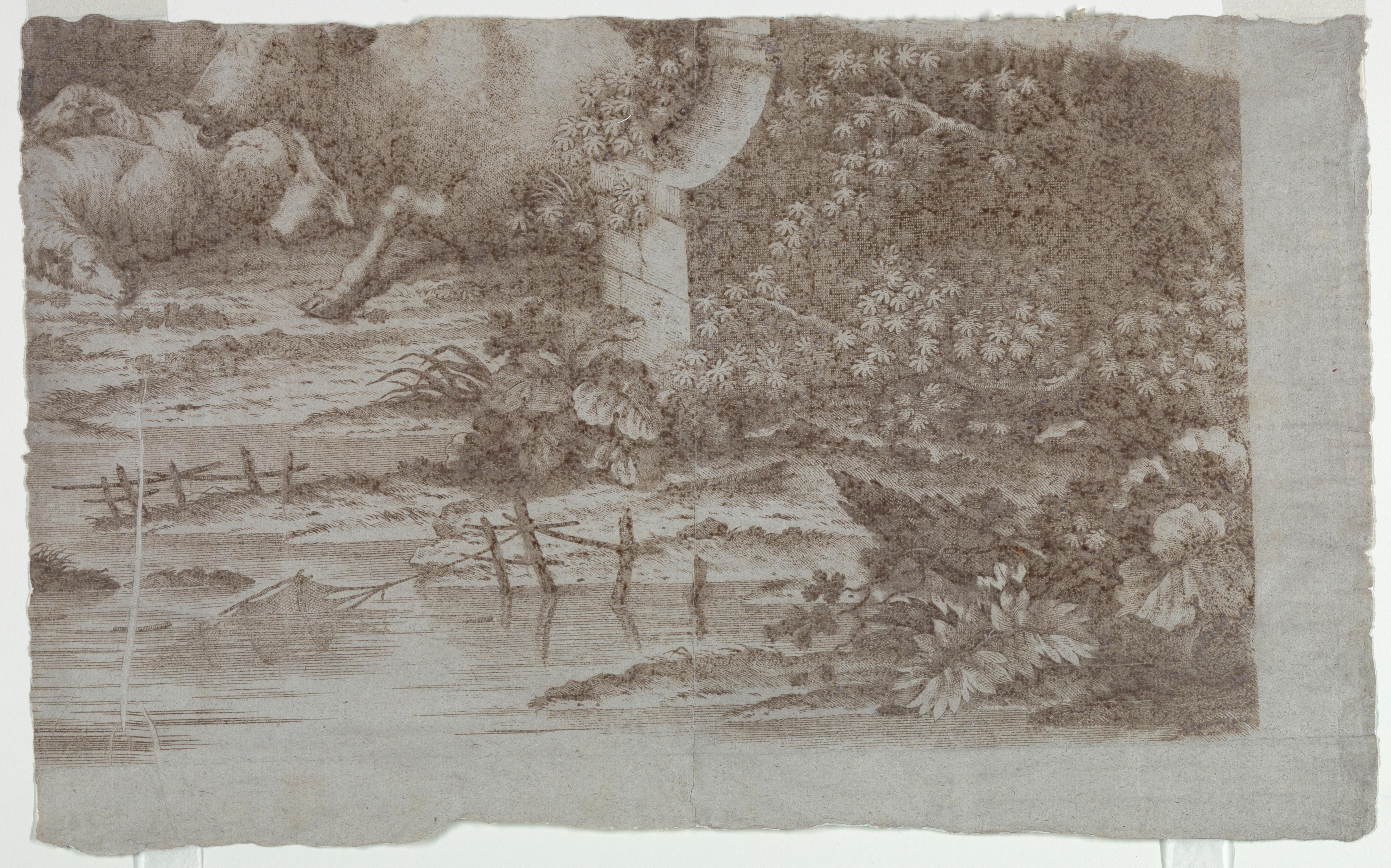 TRIAL PROOF FOR COTTON PRINTING: "PASTORAL SCENE WITH PEACOCKS AND POULTRY"