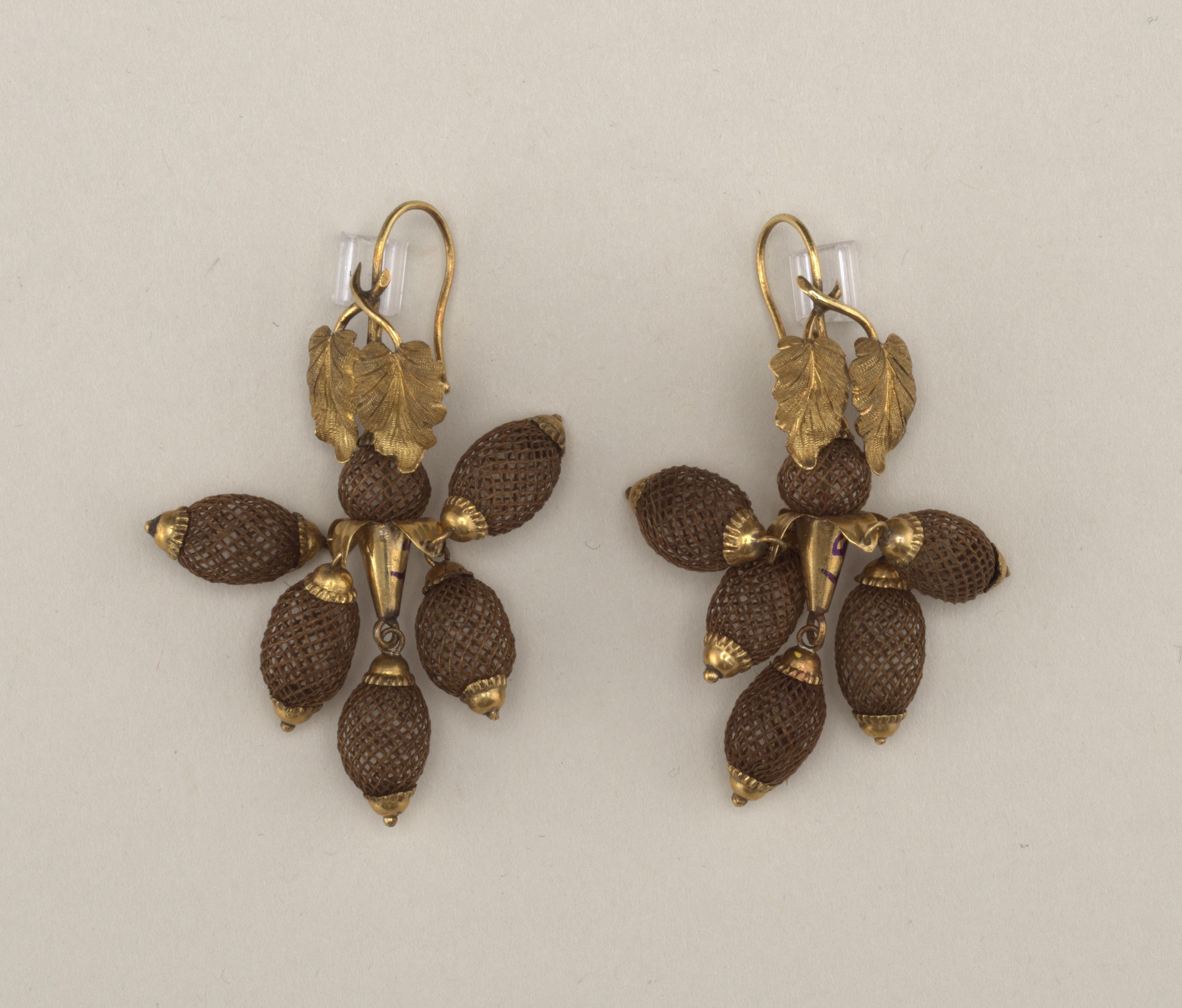 Pair of earrings — Pair of earrings. Hair, gold.