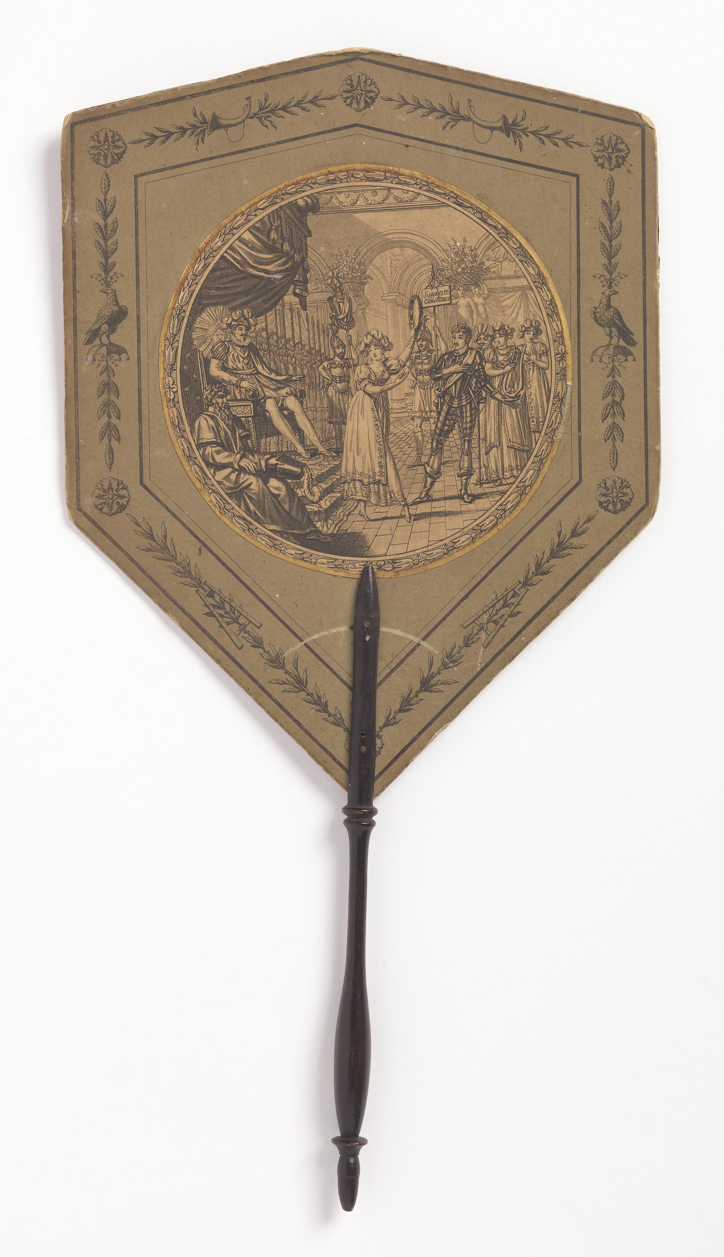 Handscreen — Handscreen. Engraved paper leaf with applied lithograph, turned wood handle.