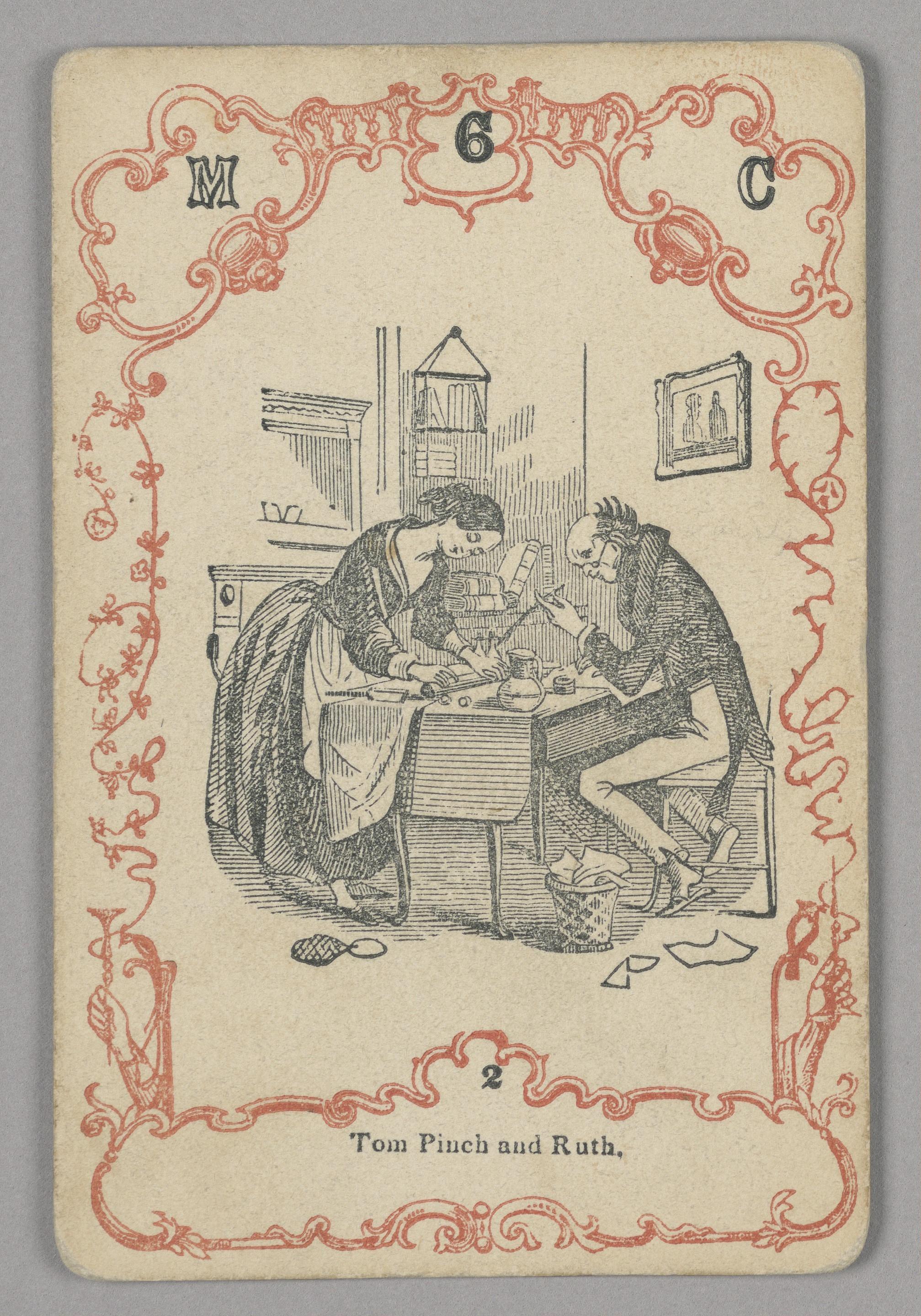 Playing card — Playing card. Red and black ink, paper.