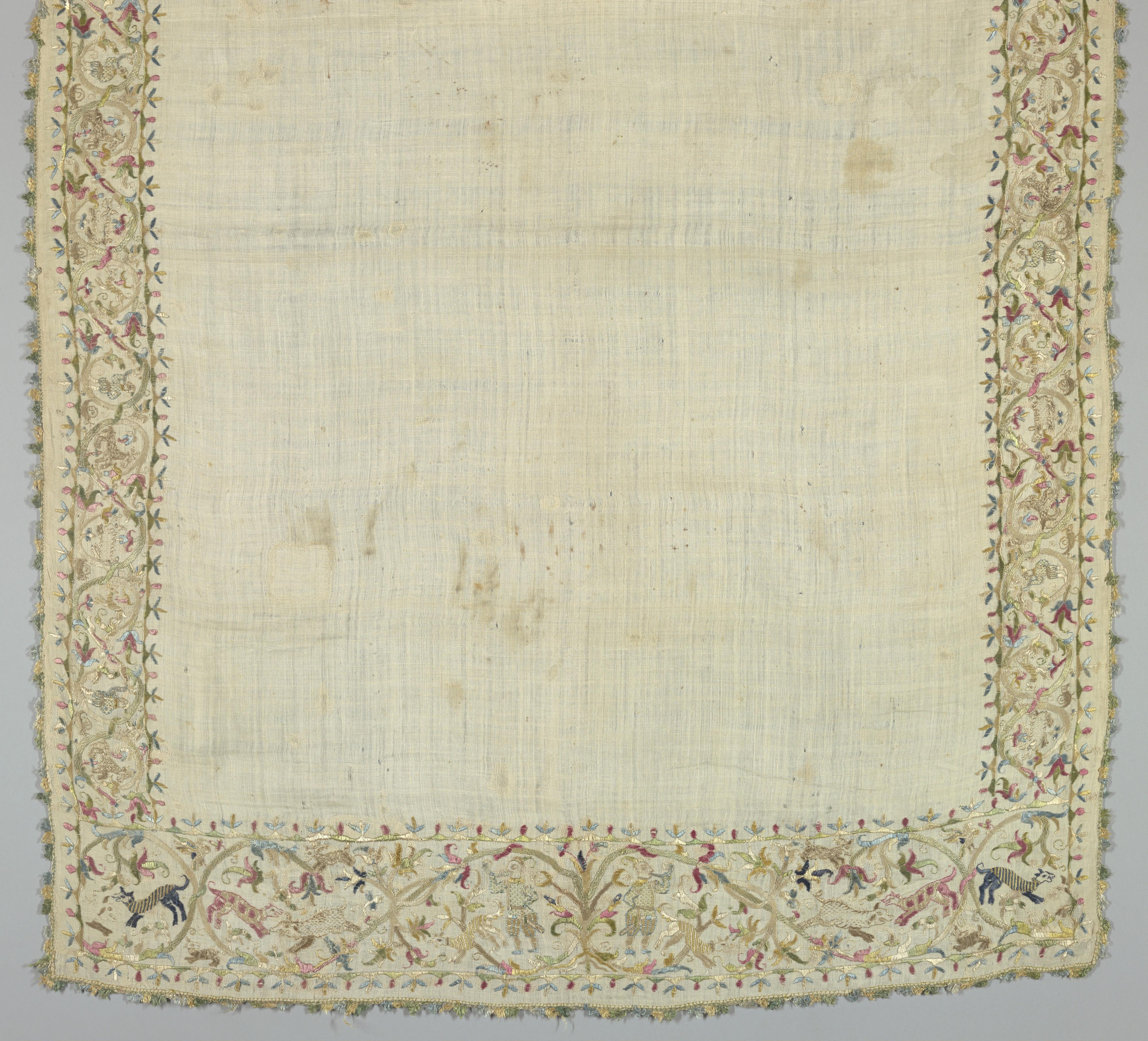 Table cover — Table cover. Medium: linen, silk Technique: embroidered in satin, darning and running stitches.