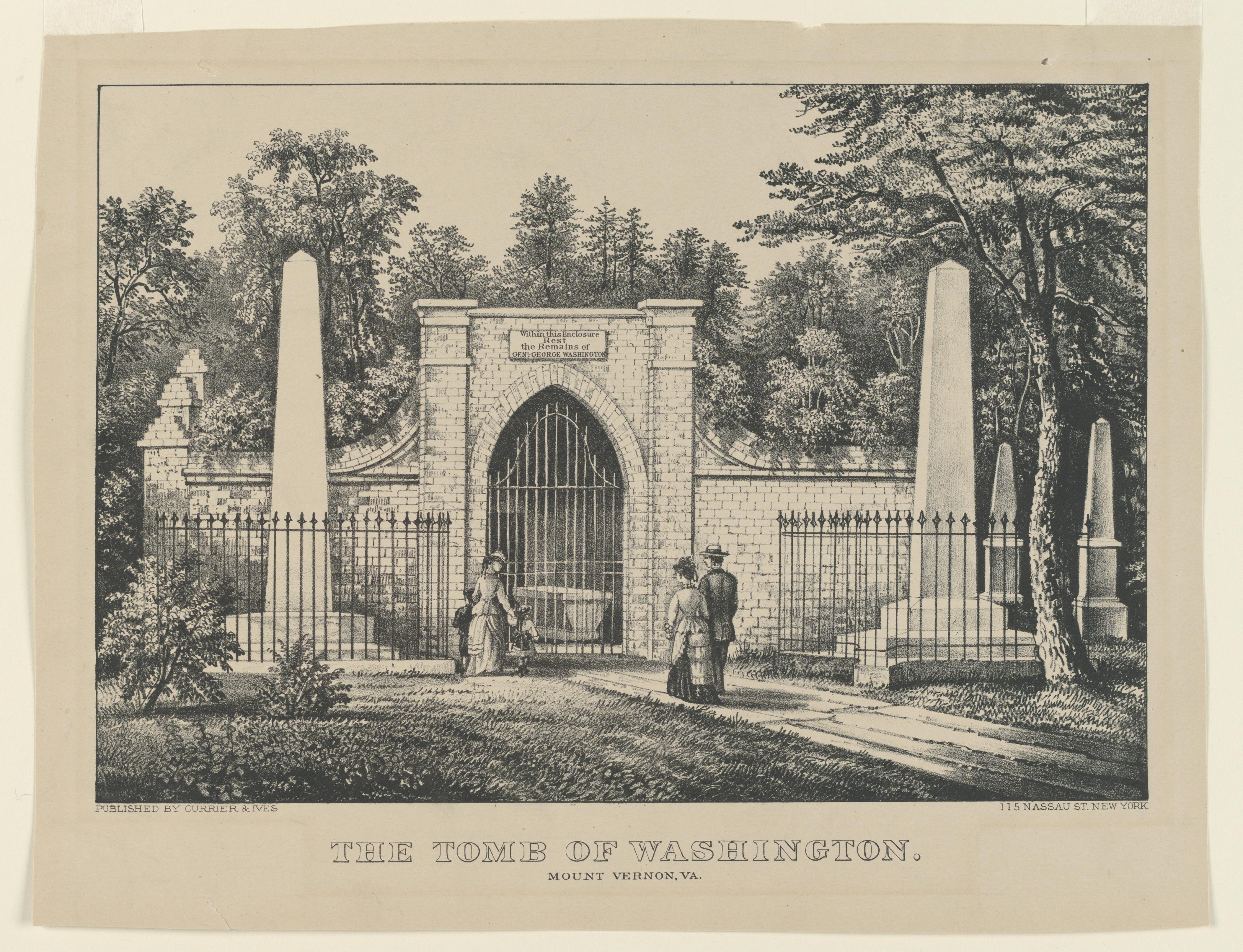The Tomb of Washington, Mount Vernon, Virginia — Print by Nathaniel Currier, American, 1813–88; James Ives, 1842 – 1895. Lithograph Support: smooth white wove paper.
