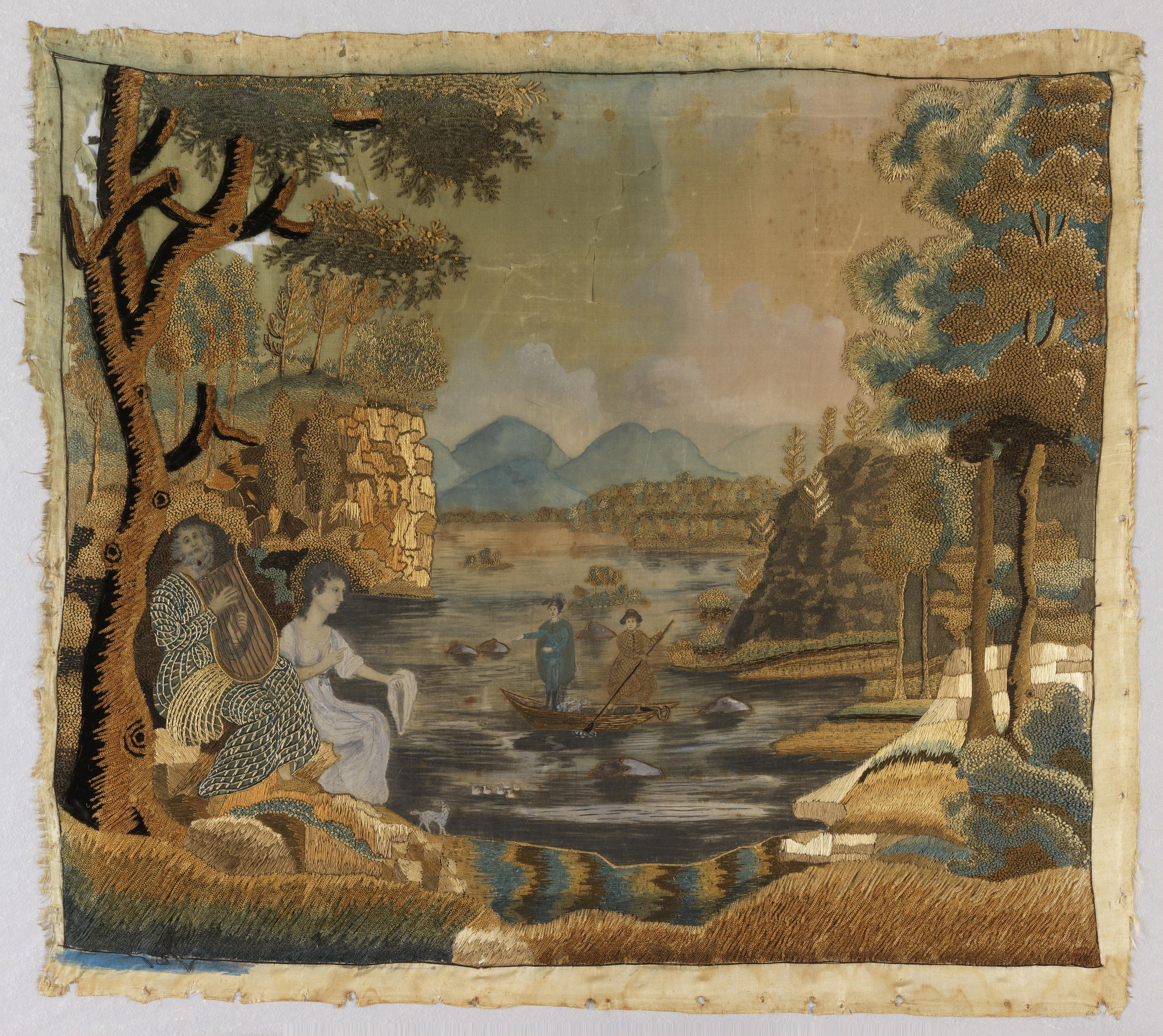 Embroidered picture — Embroidered picture. Medium: silk embroidery on silk foundation Technique: embroidered in satin, knot, stem and speckling stitches on plain weave foundation.
