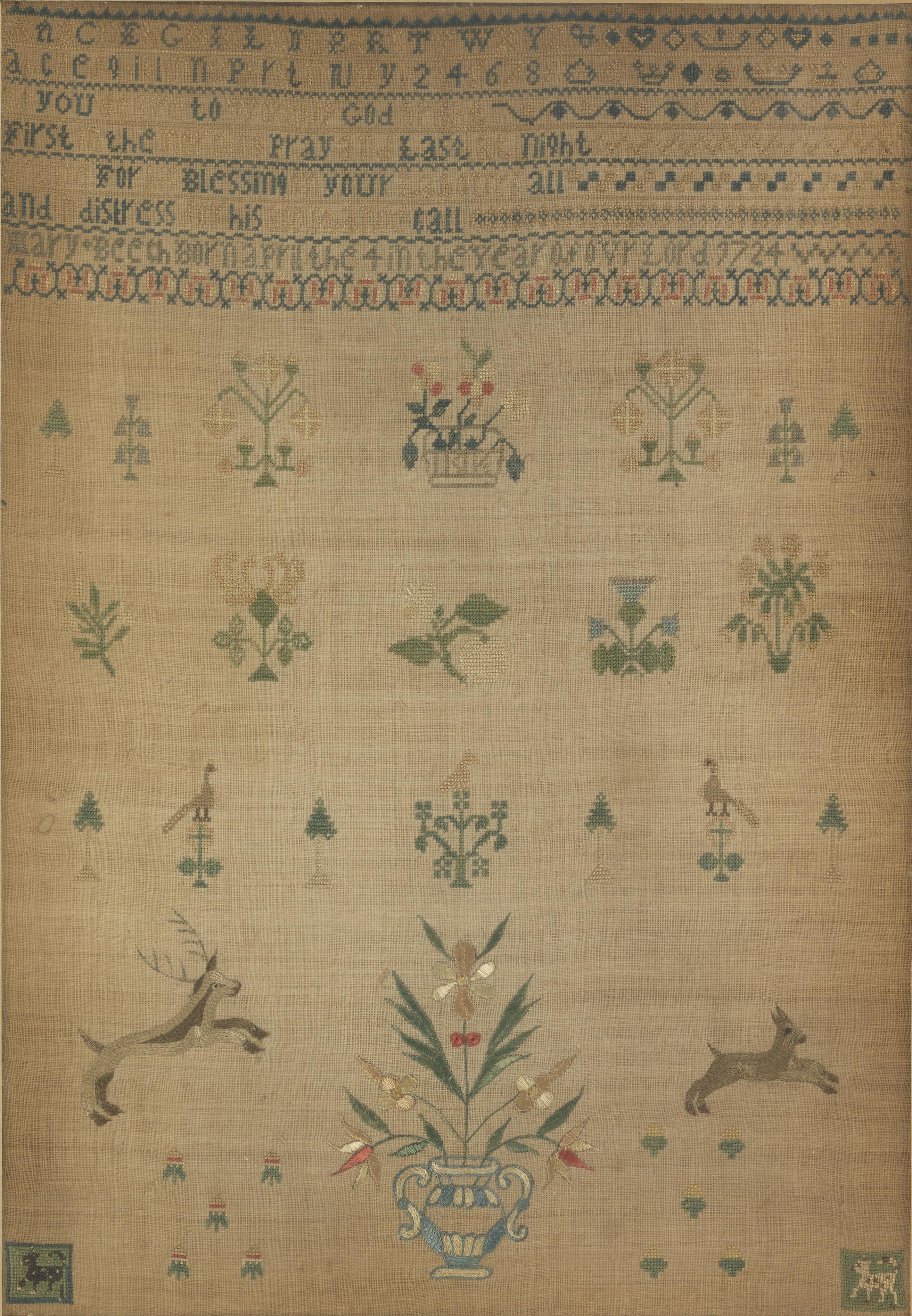 Sampler — Sampler by Mary Beech. Medium: linen, silk Technique: embroidered in cross-stitch and satin stitch.