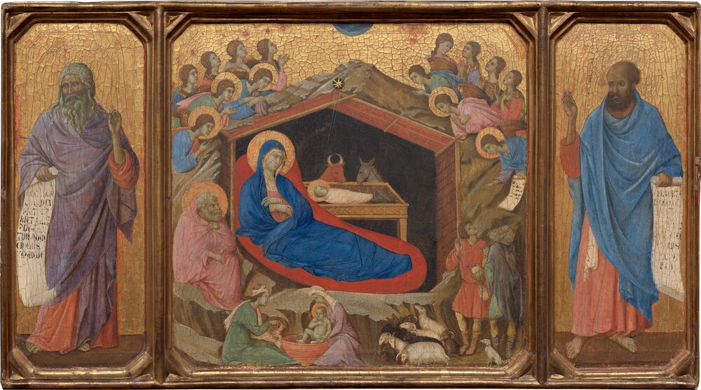 The Nativity with the Prophets Isaiah and Ezekiel — Painting by Duccio di Buoninsegna. tempera on single poplar panel.