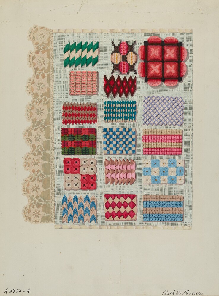 Sampler (Stitching) — Index of American Design by Ruth M. Barnes. watercolor and gouache on paper.