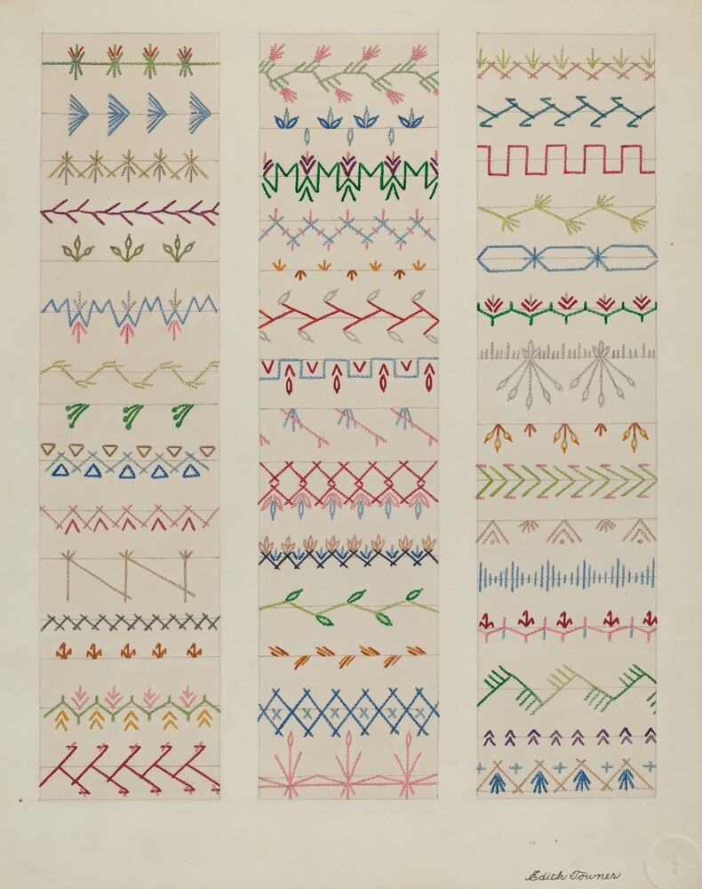 Samples of Stitching — Index of American Design by Edith Towner. watercolor and graphite on paper.