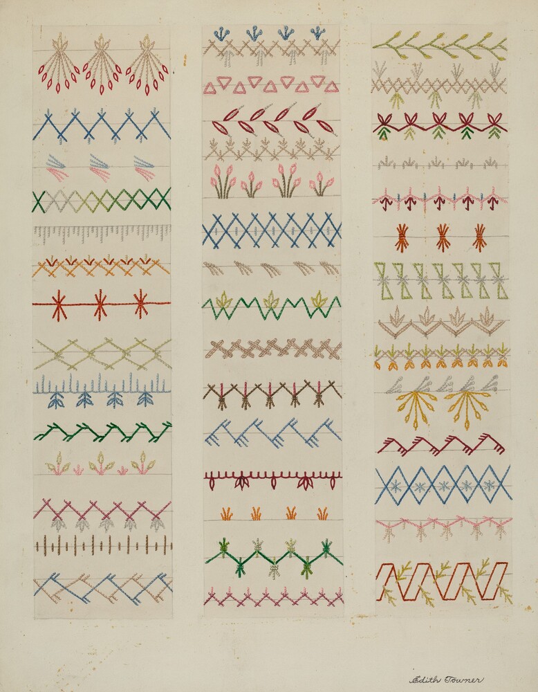 Samples of Stitching, Patchwork Quilt — Index of American Design by Edith Towner. watercolor, graphite, and gouache on paper.