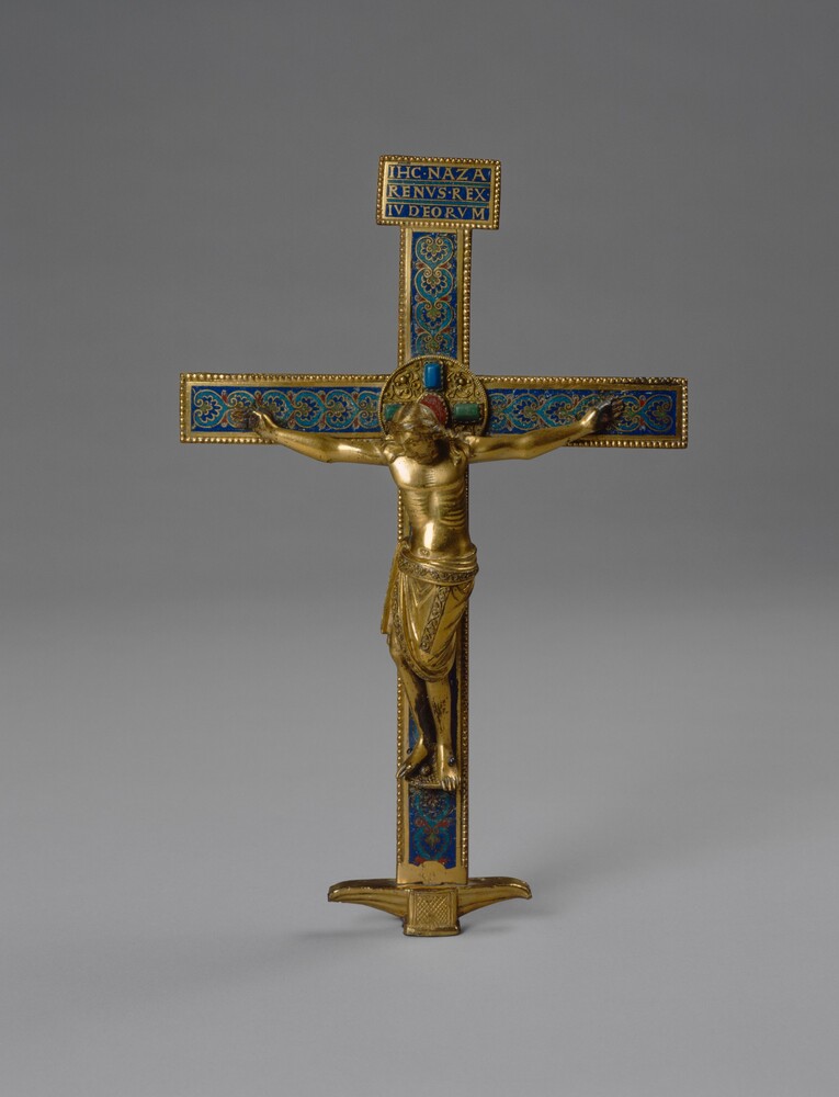 Crucifix — Decorative Art by Probably Rhenish or Mosan 12th Century. gilded copper alloy with champlevé enamel, one jasper stone, and glass.
