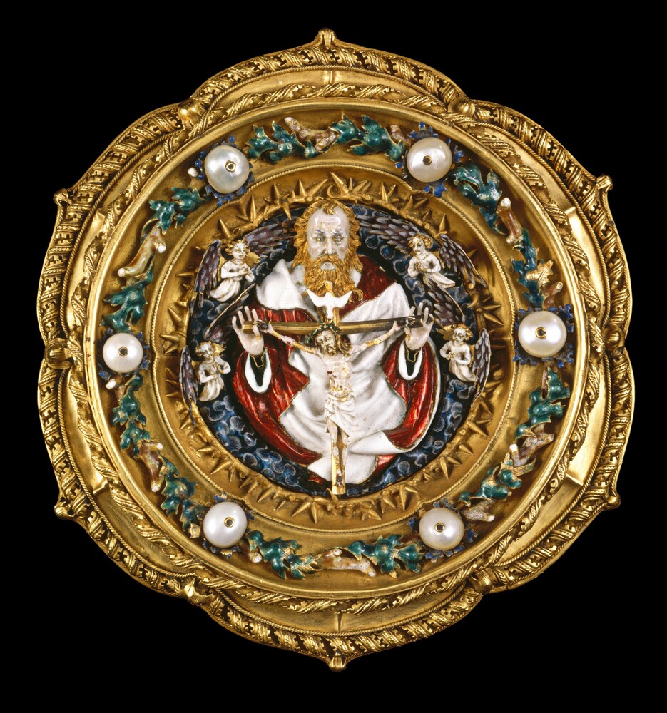 Morse with the Trinity — Decorative Art by French 15th Century (Trinity and Angels); European 19th Century (setting). gold, enamel, and pearls.