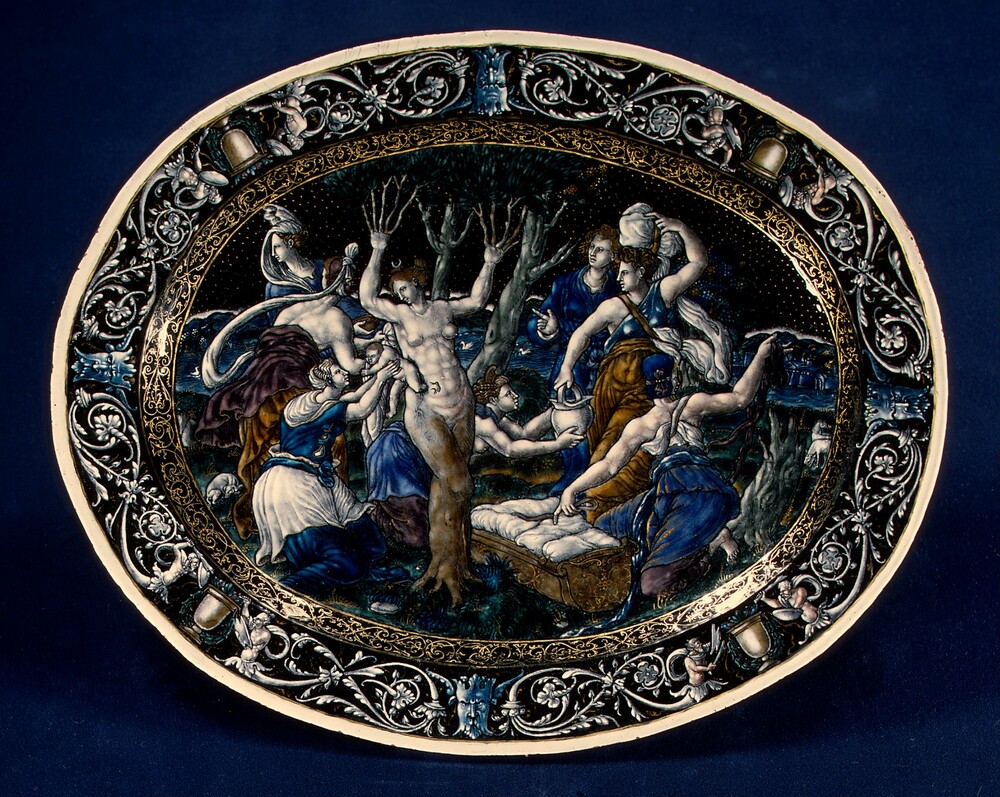 Oval Dish with the Birth of Adonis — Decorative Art by Workshop of Jean de Court. enamel painted on copper.