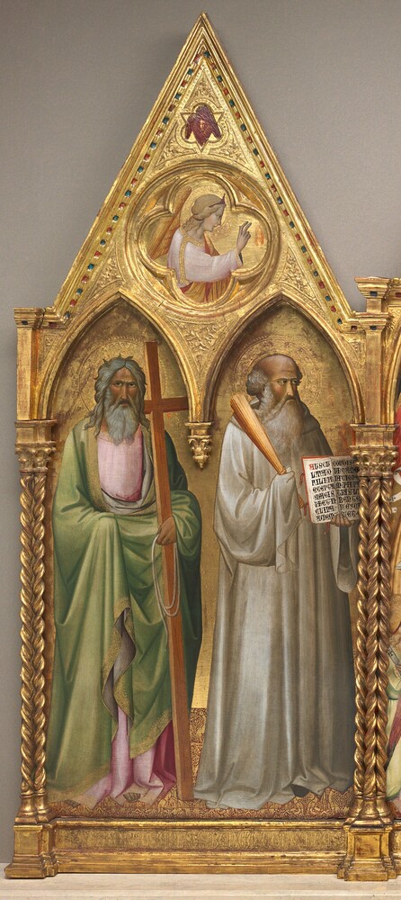 Saint Andrew and Saint Benedict with the Archangel Gabriel [left panel] — Painting by Agnolo Gaddi. tempera on poplar panel.