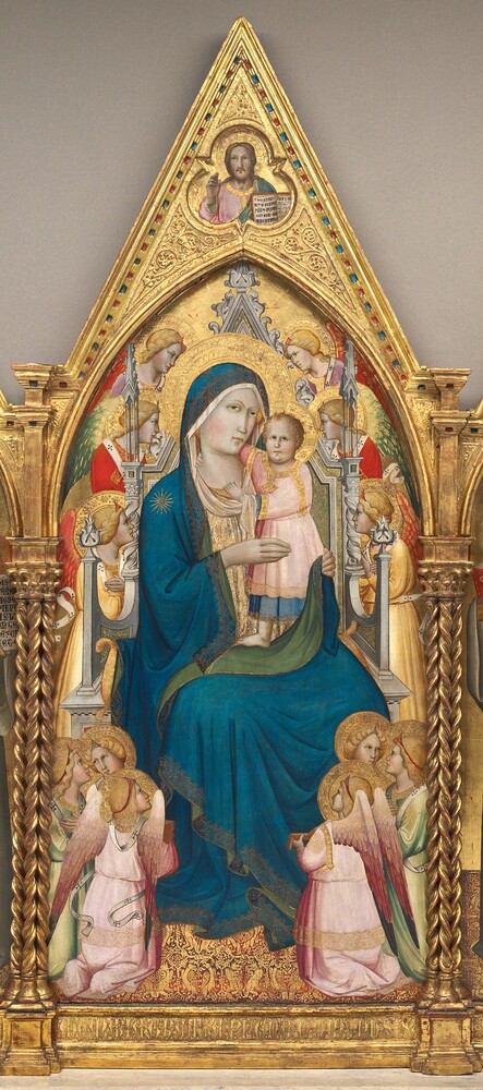 Madonna and Child Enthroned with Twelve Angels, and with the Blessing Christ [middle panel] — Painting by Agnolo Gaddi. tempera on poplar panel.