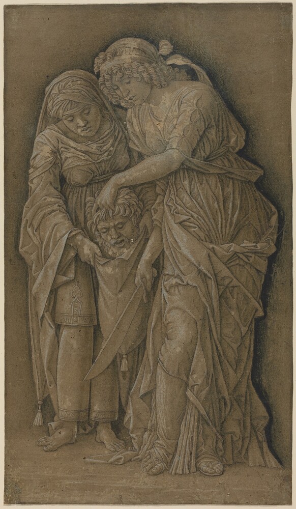 Judith with the Head of Holofernes — Drawing by Follower of Andrea Mantegna. pen and dark brown ink with black chalk and white heightening on olive-brown prepared paper laid down on canvas.