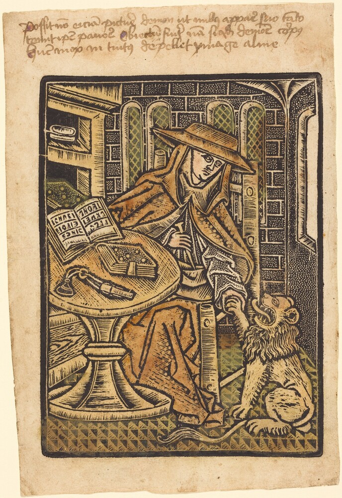 Saint Jerome — Portfolio by Workshop of Master of the Aachen Madonna. metalcut, hand-colored in orange-brown, light yellow, and olive on laid paper.