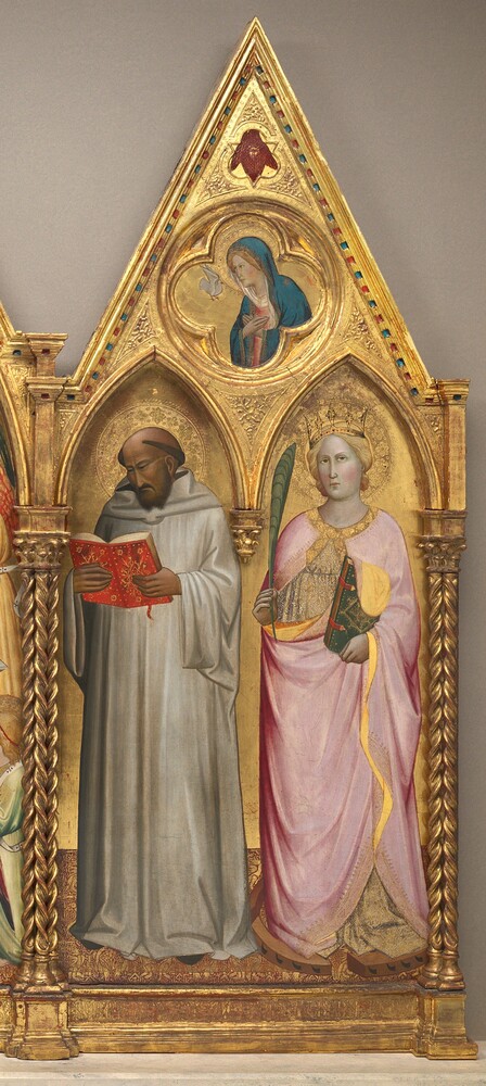 Saint Bernard and Saint Catherine of Alexandria with the Virgin of the Annunciation [right panel] — Painting by Agnolo Gaddi. tempera on poplar panel.