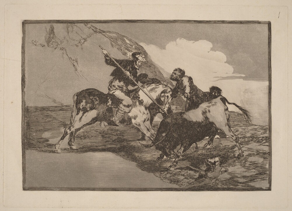 Modo con que los antiguos Espanoles cazaban los toros a caballo en el campo (The Way in which the Ancient Spaniards Hunted Bulls on Horseback in the Open Country) — Portfolio by Francisco Goya. etching, burnished aquatint and drypoint [first edition impression].