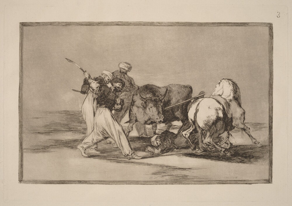 Los moros establecidos en Espana, prescindiendo de las supersticiones de su Alcoran, adoptaron esta caza y arte, y lancean un toro en el campo (The Moors Settled in Spain, Giving up the Superstitions of the Koran, Adopted This Art of Hunting, and Spear a Bull in the Open) — Portfolio by Francisco Goya. etching, burnished aquatint, drypoint and burin [first edition impression].