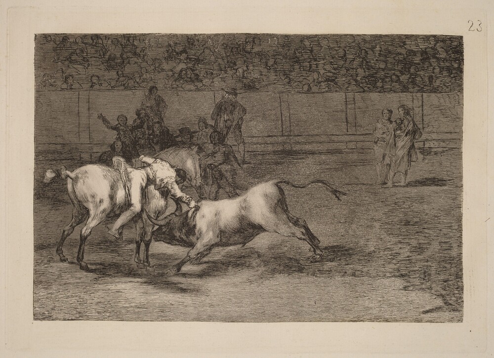 Mariano Ceballos, alias el Indio, mata el toro desde su caballo (Mariano Ceballos, Alias the Indian, Kills the Bull from His Horse) — Portfolio by Francisco Goya. etching and burnished aquatint [first edition impression].