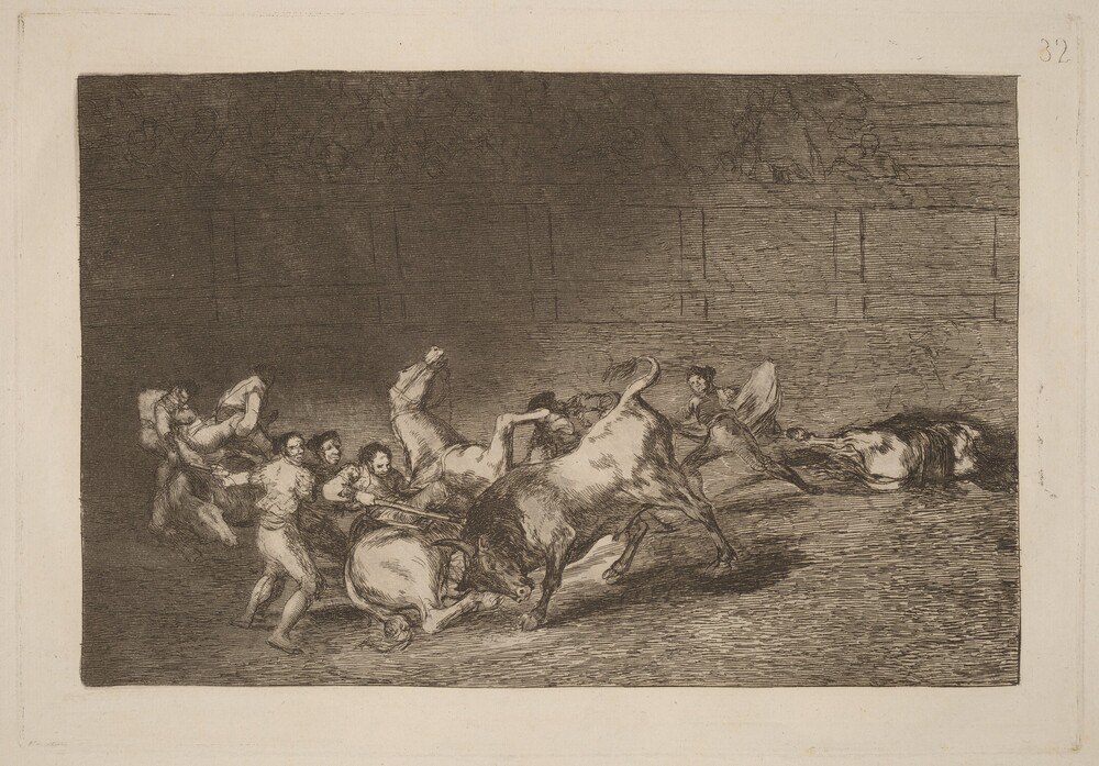Dos grupos de picadores arrollados de seguida por un solo toro (Two Teams of Picadors Thrown One after the Other by a Single Bull) — Portfolio by Francisco Goya. etching, burnished aquatint, drypoint and burin [first edition impression].