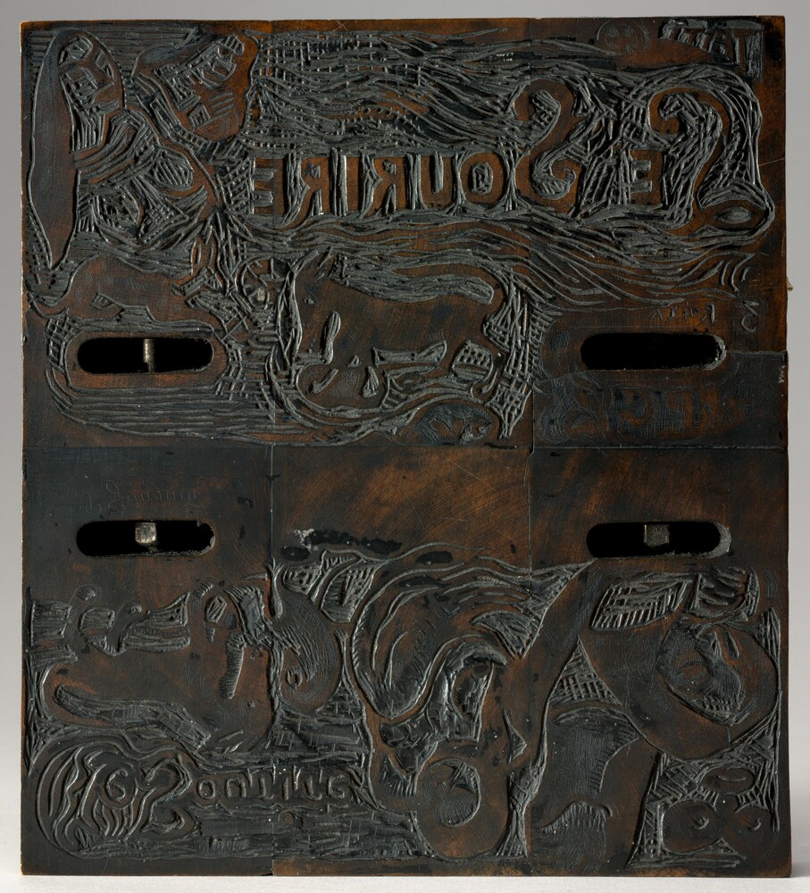 Two Title Pages for "Le Sourire" (Les deux titres du Sourire) [verso] — Technical Material by Paul Gauguin. boxwood woodcut block.