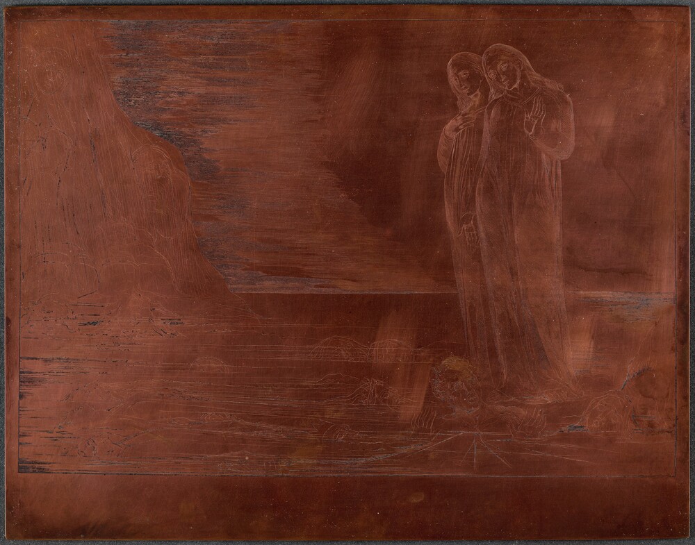 The Circle of the Traitors; Dante's Foot Striking Bocca degli Abbate — Technical Material by William Blake. engraved copper plate.