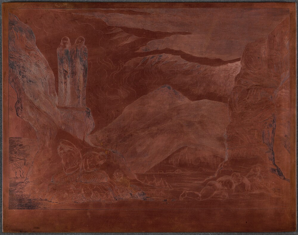 The Circle of the Falsifiers: Dante and Virgil Covering their Noses because of the st — Technical Material by William Blake. engraved copper plate.
