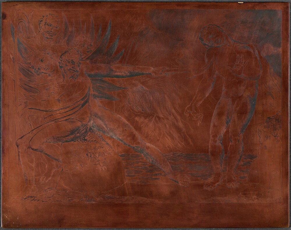 The Circle of the Corrupt Officials; the Devils Tormenting Ciampolo — Technical Material by William Blake. engraved copper plate.