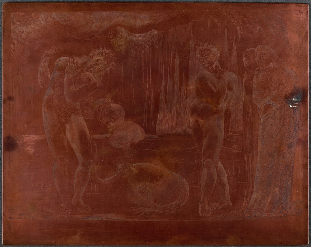The Circle of the Thieves; Buoso Donati Attacked by the Serpent — Technical Material by William Blake. engraved copper plate.
