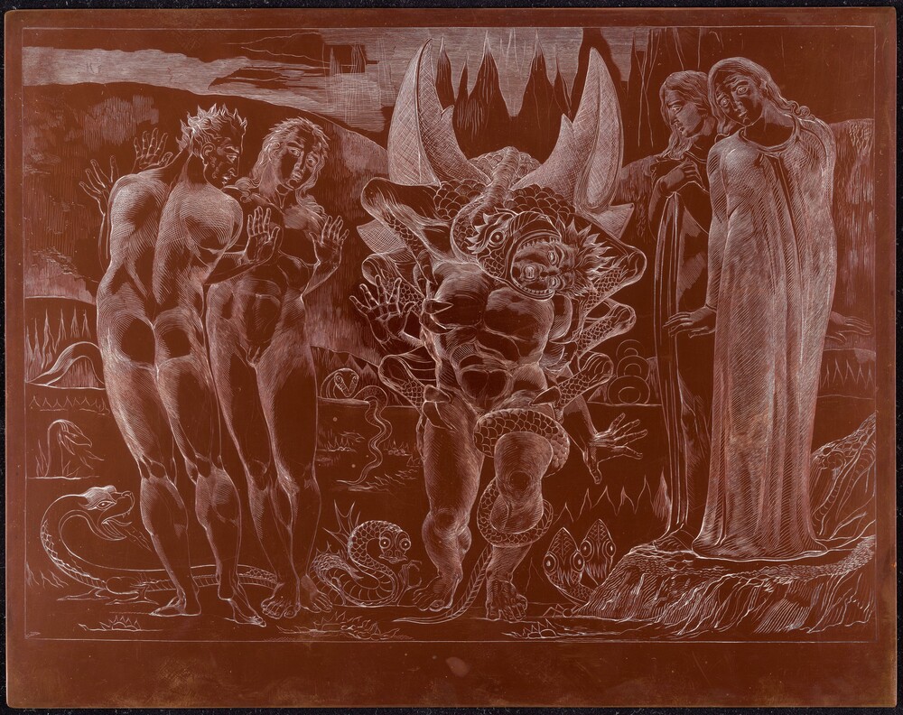 The Circle of the Thieves; Agnolo Brunelleschi Attacked by a Six-Footed Serpent — Technical Material by William Blake. engraved copper plate.