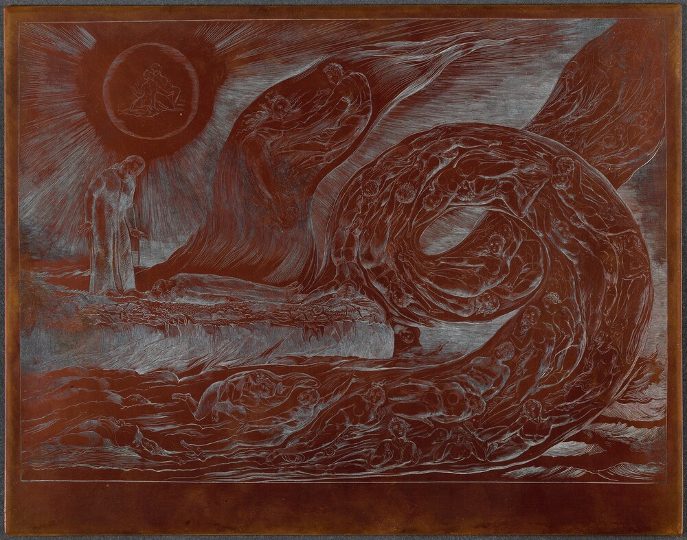 The Circle of the Lustful: Paolo and Francesca — Technical Material by William Blake. engraved copper plate.