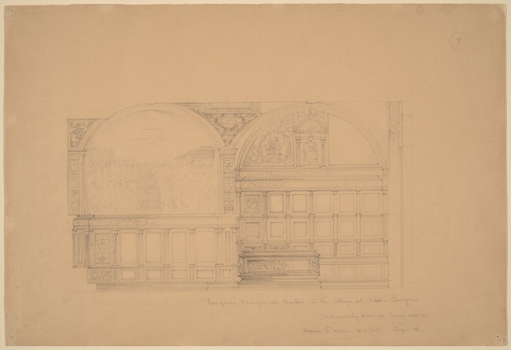 Perugino's Udienza del Cambio in the Collegio del Cambio, Perugia — Drawing by John Russell Pope. graphite.