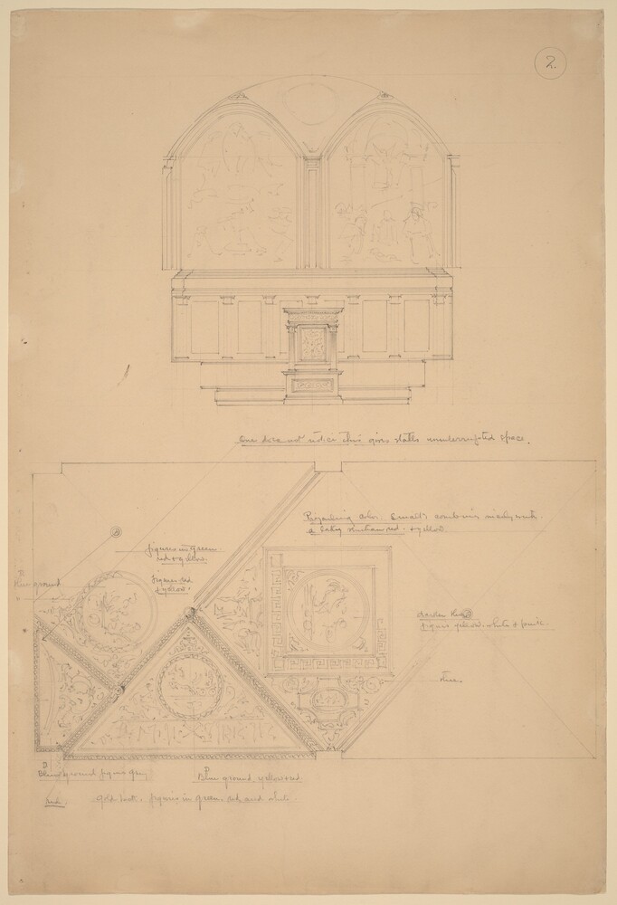 Study of an Altarpiece and Ceiling Panels — Drawing by John Russell Pope. graphite.