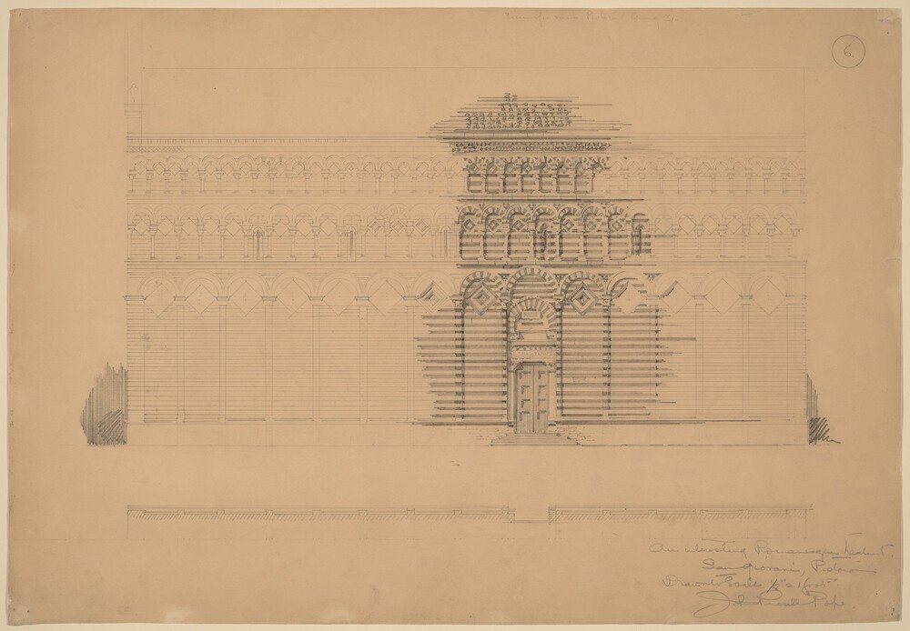 An Interesting Romanesque Treatment, San Giovanni, Pistoia — Drawing by John Russell Pope. graphite.