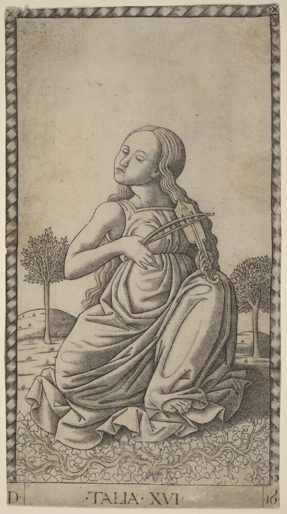 Talia (Thalia) — Print by Master of the E-Series Tarocchi. engraving with traces of gilding.