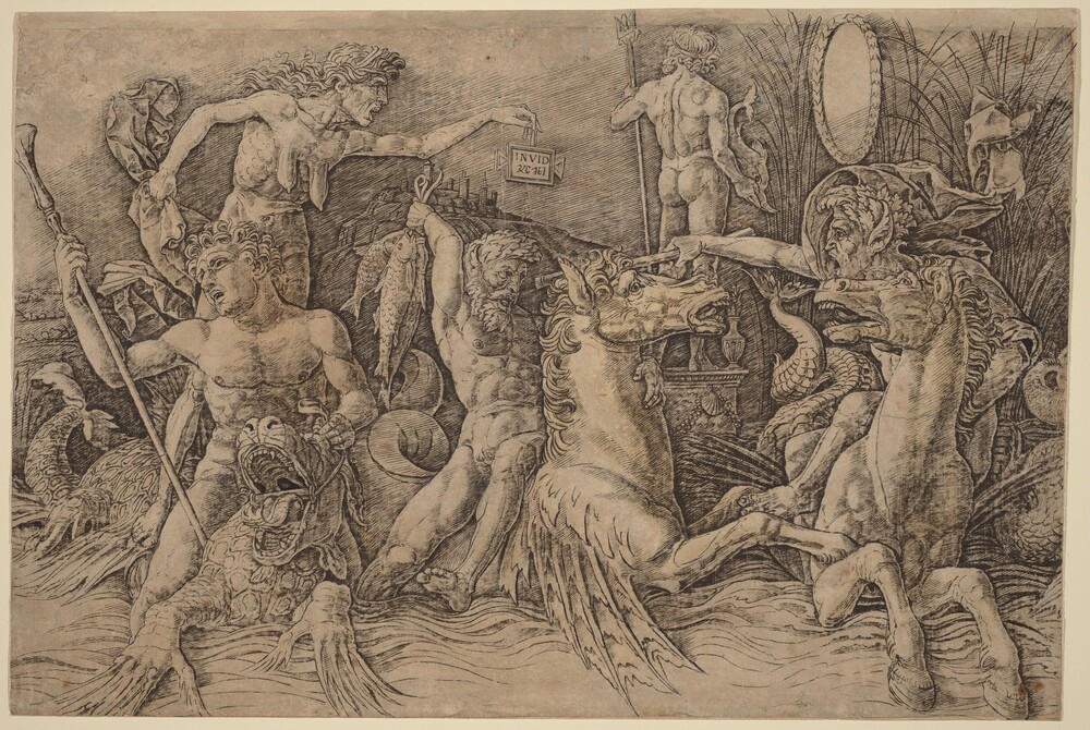 Battle of the Sea Gods [left half] — Print by Andrea Mantegna. engraving on laid paper.