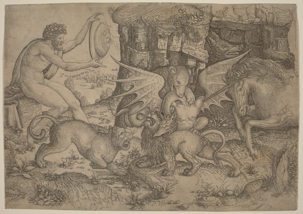 Allegorical Theme: Combat of Animals — Print by Master of the Beheading of St. John the Baptist. engraving.