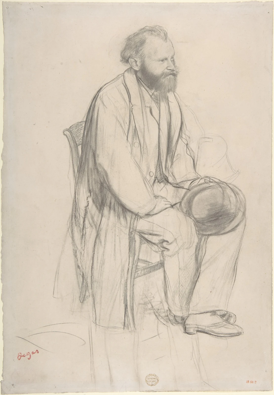 A seated man holds his hat; searching graphite and chalk lines describe his pose.