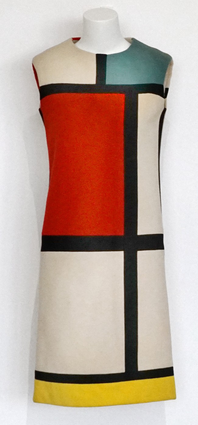 Detail of Saint Laurent’s Mondrian dress: red, blue-green and yellow panels separated by black seams.