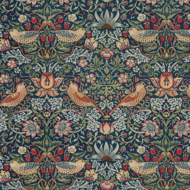 Detail of birds, strawberries and flowers from a Strawberry Thief textile.